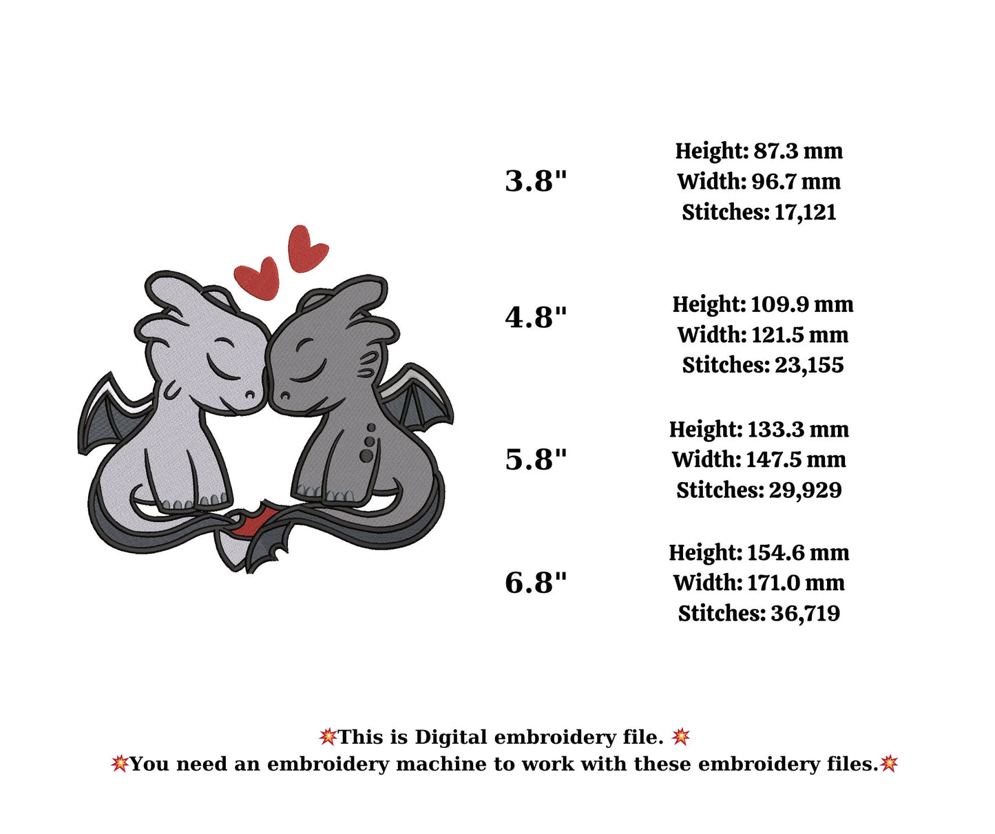 Toothless dragon couple embroidery design,embroidery valentine,embroidery files,embroidery toothless dragon,valentine designs
