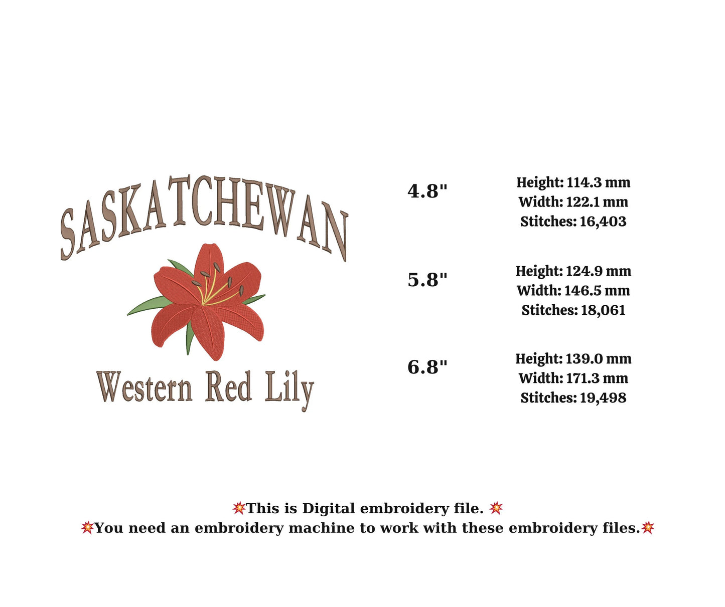 CANADA SASKATCHEWAN state embroidery design with Western Red Lily flower state