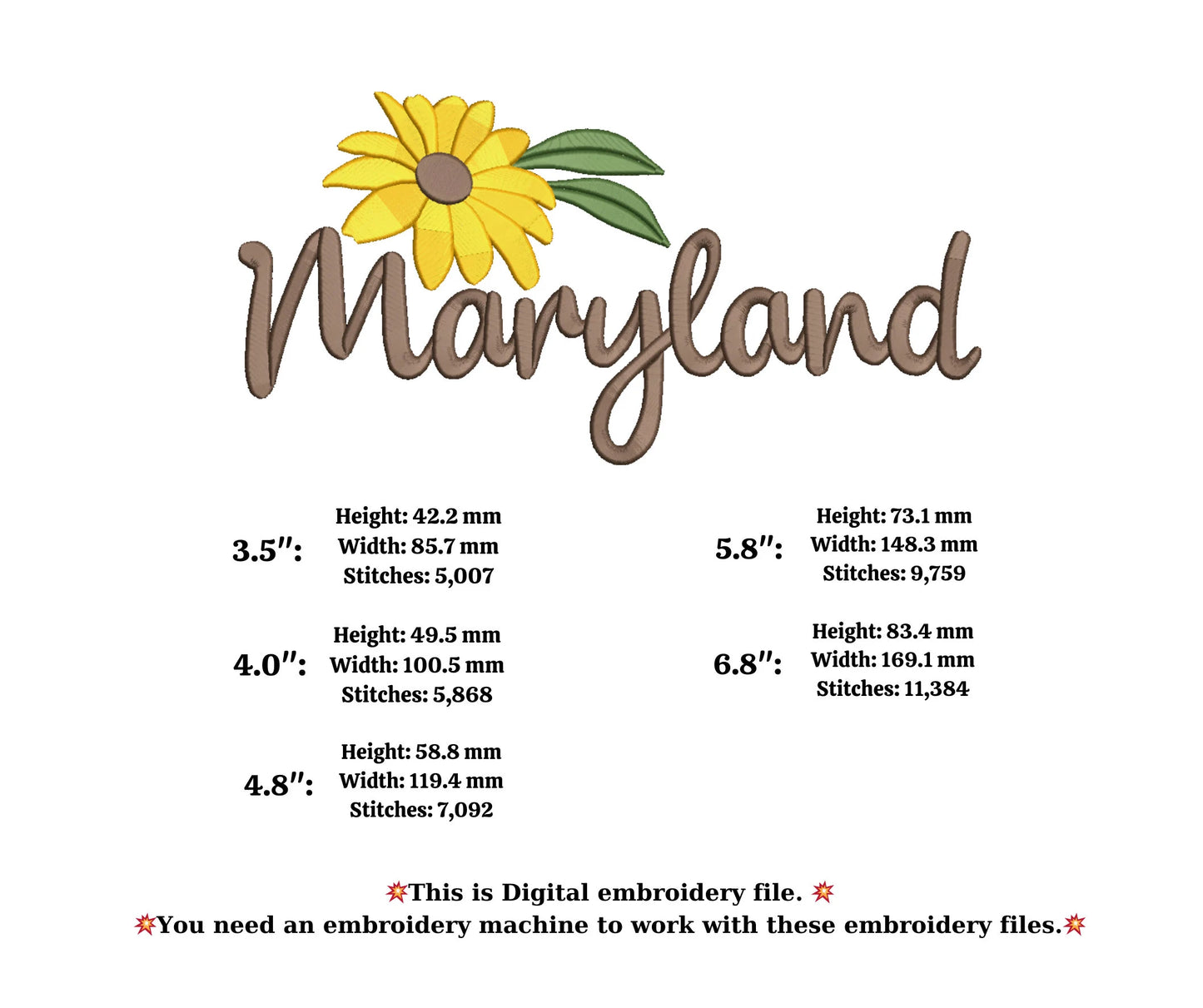 Maryland State embroidery Black-Eyed Susan Flower embroidery state design embroidery machine