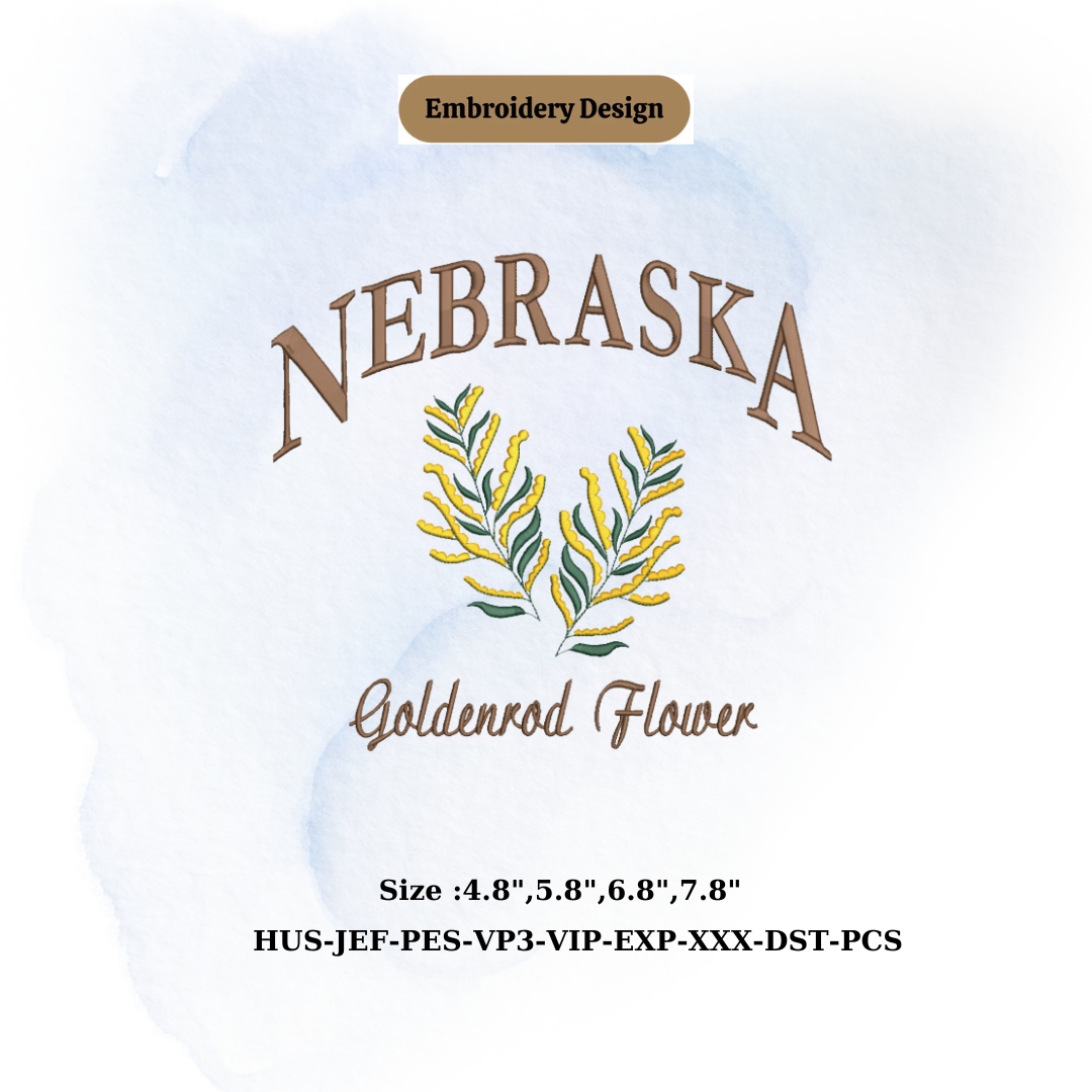 NEBRASKA state embroidery with Goldenrod flower embroidery design for City Lovers,USA state location machine embroidery