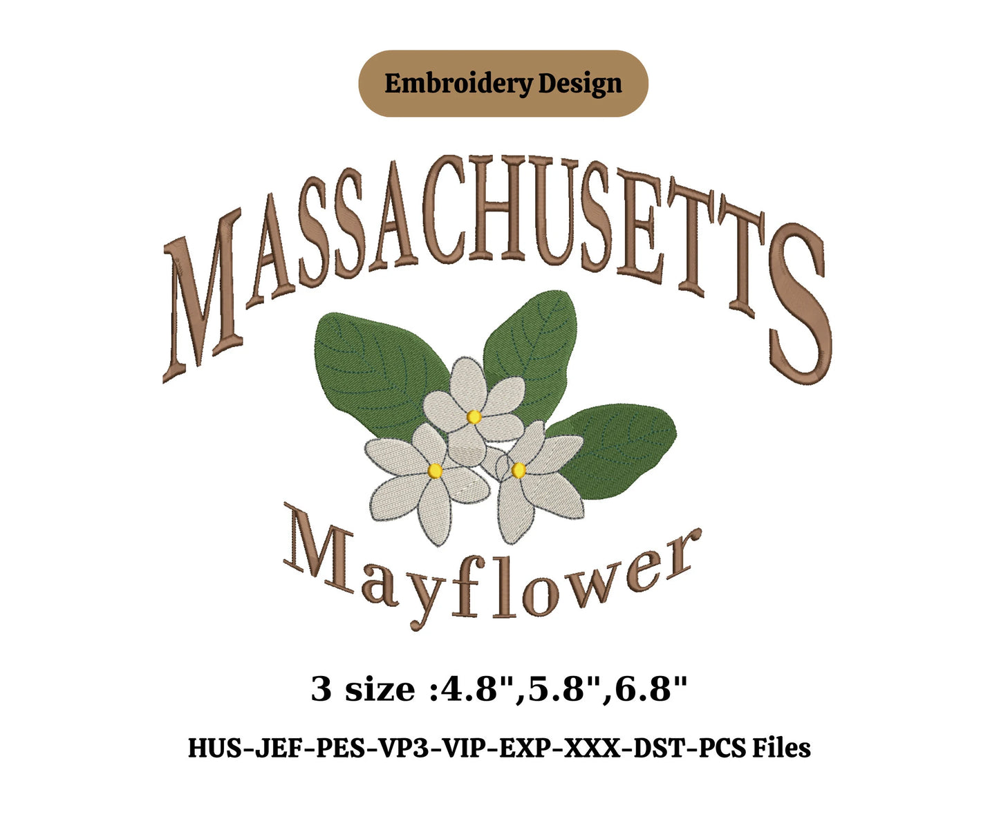Massachusetts state embroidery with Mayflower flowers embroidery file for City Lovers,USA state location machine embroidery