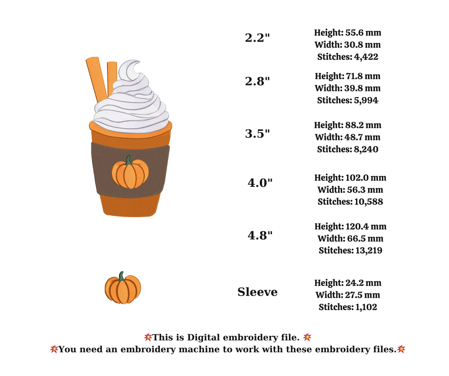 Pumpkin spice latte embroidery machine ,coffee cup embroidery autumn,pumpkin embroidery