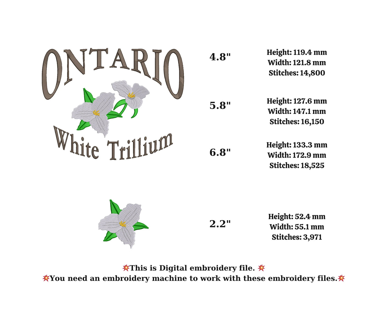 CANADA ONTARIO state flower embroidery machine,white trillium flower embroidery design