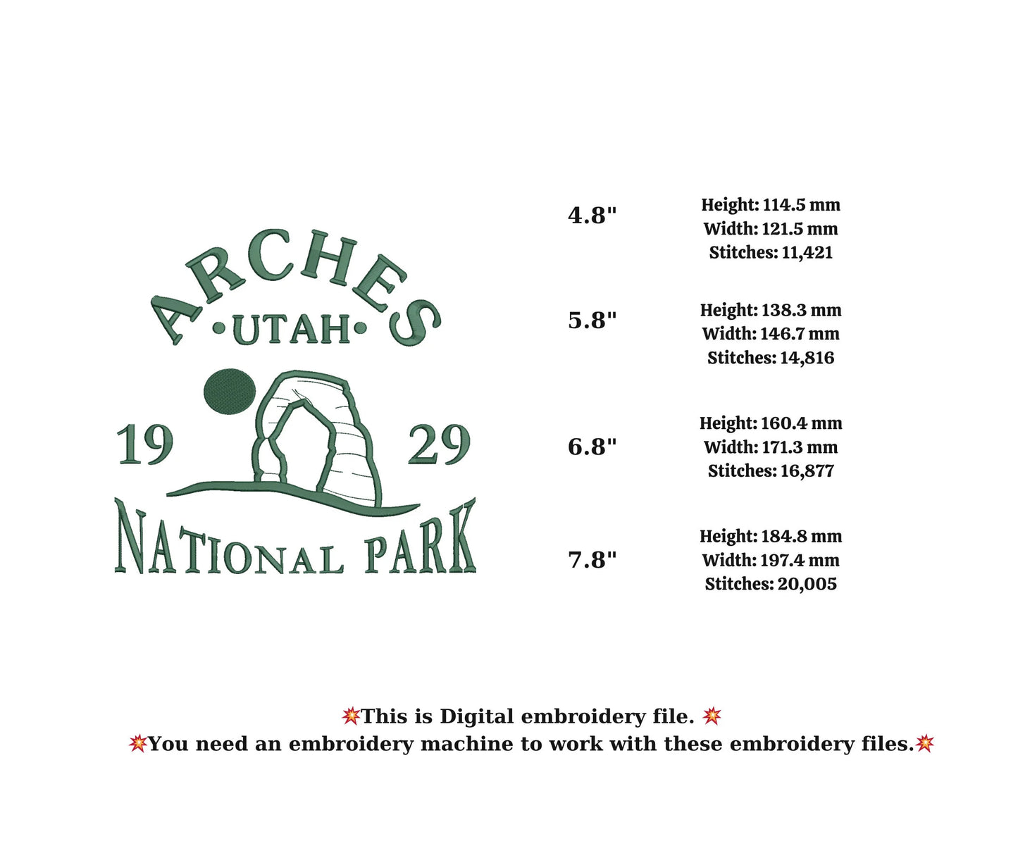 Arches utah National Park embroidery machine design national park,vintage embroidery,city embroidery state embroidery