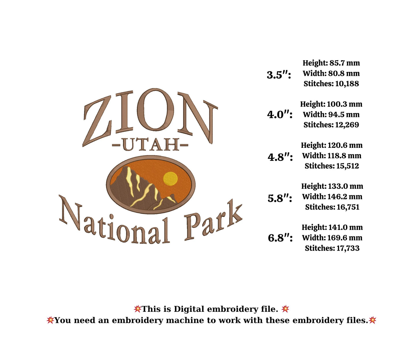 ZION national park embroidery machine UTAH USA state embroidery