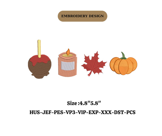 Autumn Halloween Embroidery Design, Trendy Pump Embroidery, candy apple, candle embroidery,autumn fall embroidery machine file