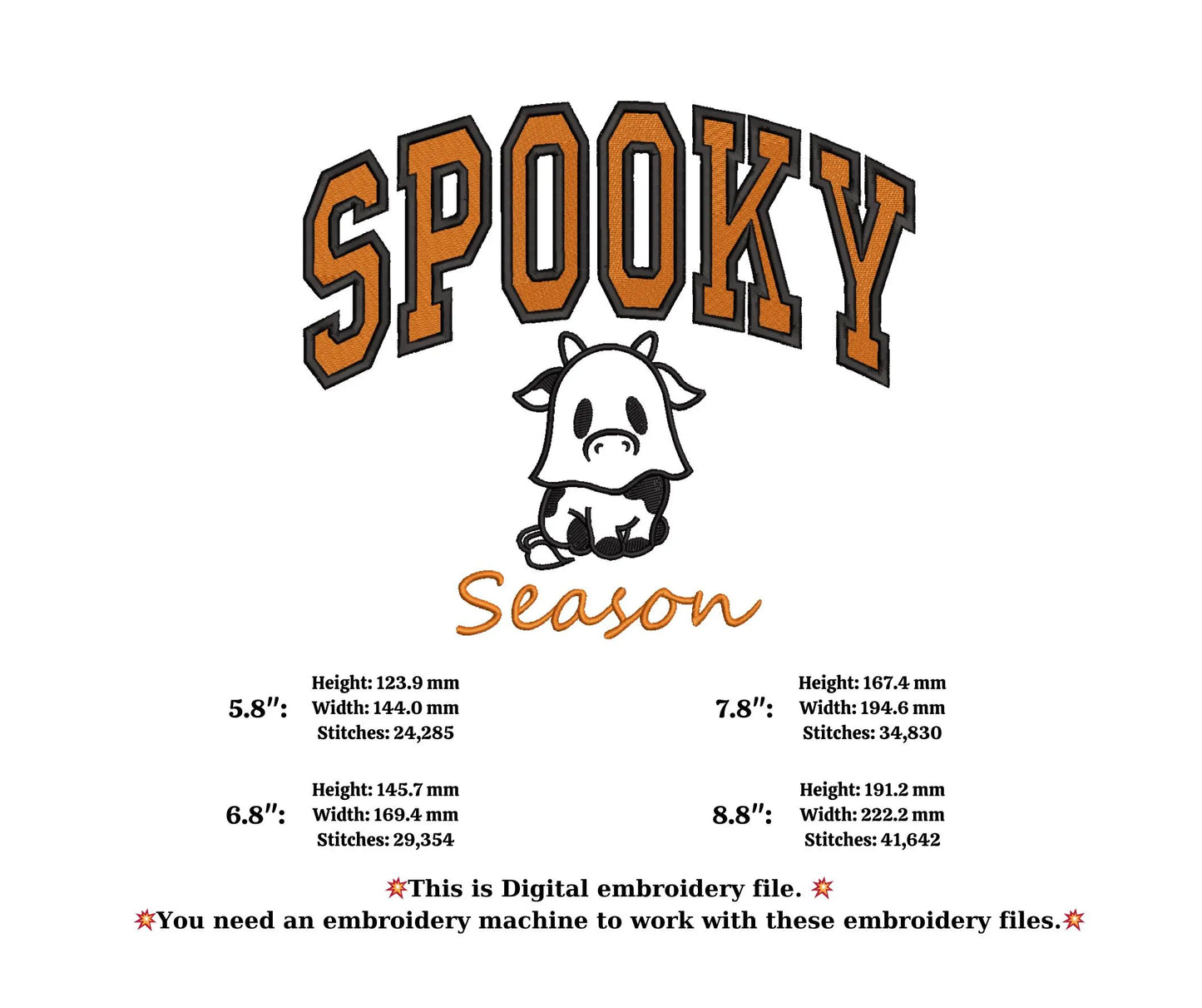 Spooky season Halloween embroidery ghost design ,Halloween cute ,boo embroidery spooky,spooky halloween cow embroidery