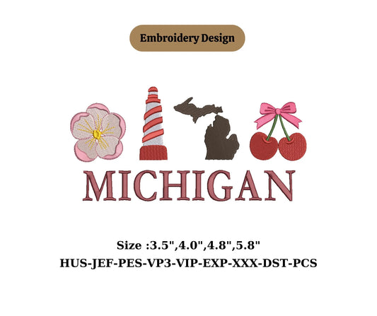 MICHIGAN State Lighthouse apple blossom embroidery design cherry blossom Michigan embroidery state 4inch hoop
