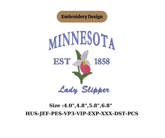 Minnesota state embroidery with Showy Lady's Slippers flower embroidery flower state US