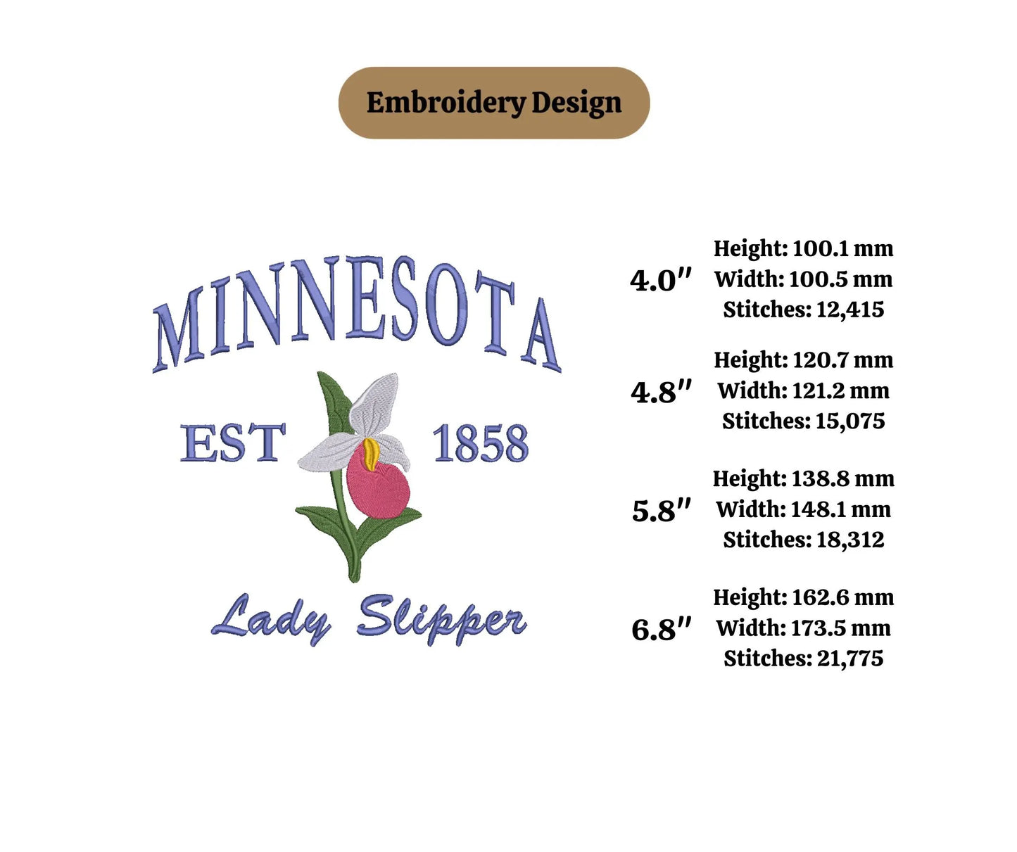 Minnesota state embroidery with Showy Lady's Slippers flower embroidery flower state US